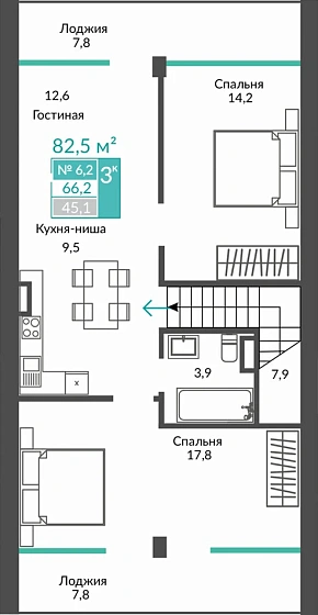 Апартаменты 3-комн. 81.5 кв.м