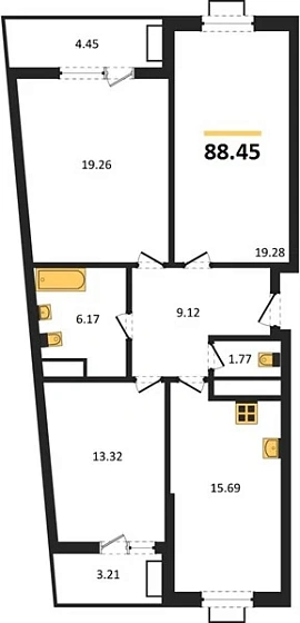 Квартира 3-комн. 88.45 кв. м
