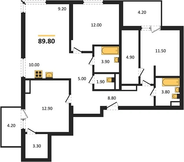 Квартира 3-комн. 89.8 кв. м