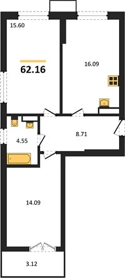 Квартира 2-комн. 62.16 кв. м