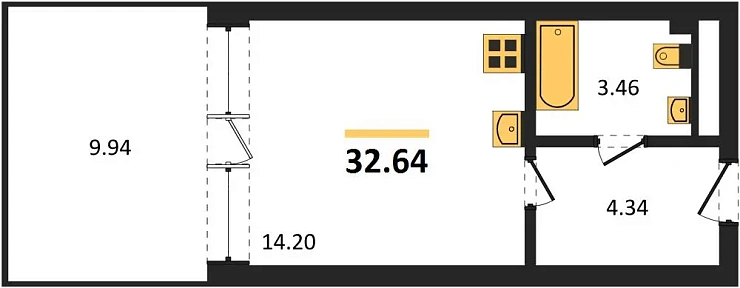 Апартаменты 1-комн. 32.64 кв. м
