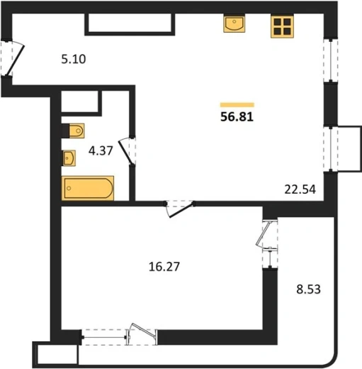 Квартира 1-комн. 56.81 кв. м