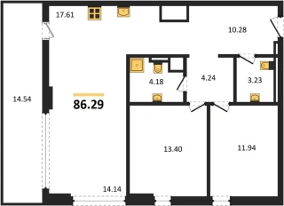 Квартира 3-комн. 86.29 кв. м