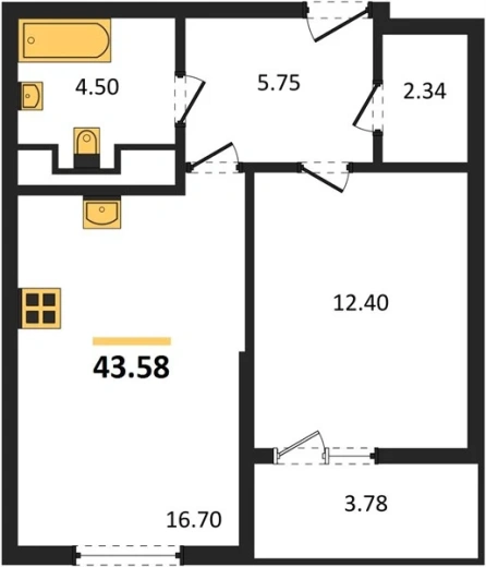 Квартира 1-комн. 43.58 кв. м