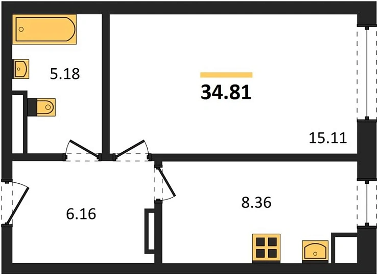 Квартира 1-комн. 34.81 кв. м