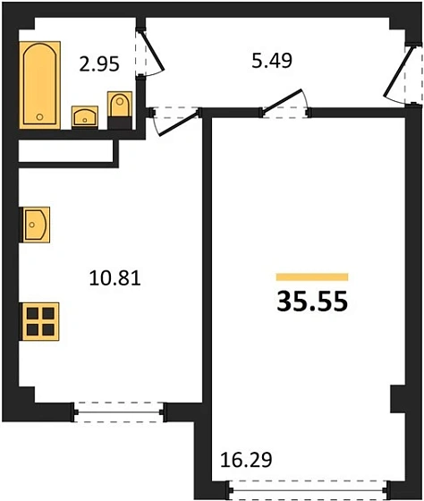 Квартира 1-комн. 35.55 кв. м