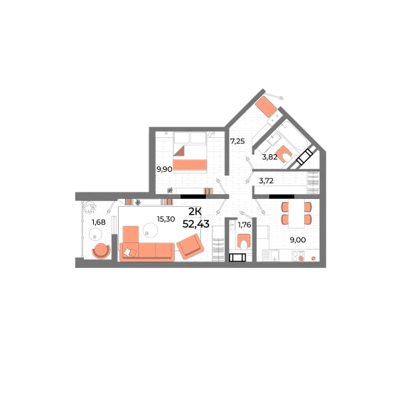 Квартира 2-комн. 49.7 кв. м