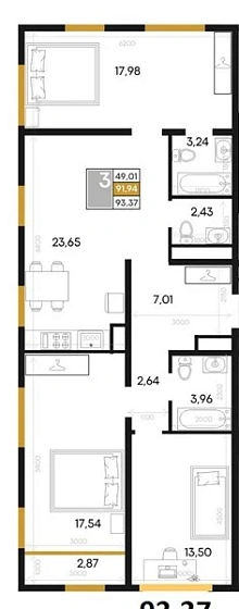 Квартира 3-комн. 93.37 кв. м