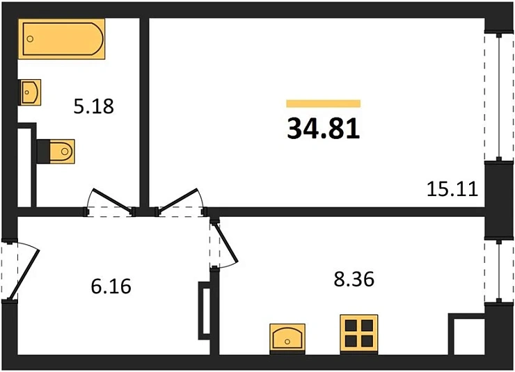 Квартира 1-комн. 34.81 кв. м