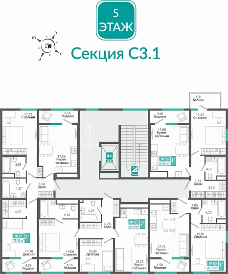 Квартира 1-комн. 47.7 кв.м