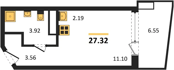 Апартаменты 1-комн. 27.32 кв. м