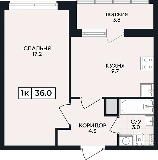 Квартира 1-комн. 36 кв. м