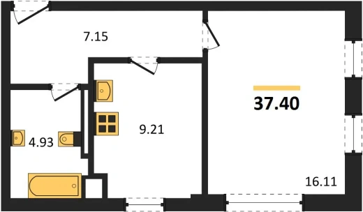 Квартира 1-комн. 37.4 кв. м