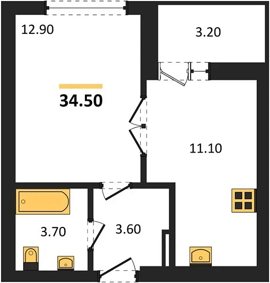 Квартира 1-комн. 34.5 кв. м