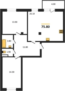 Квартира 2-комн. 75.8 кв. м