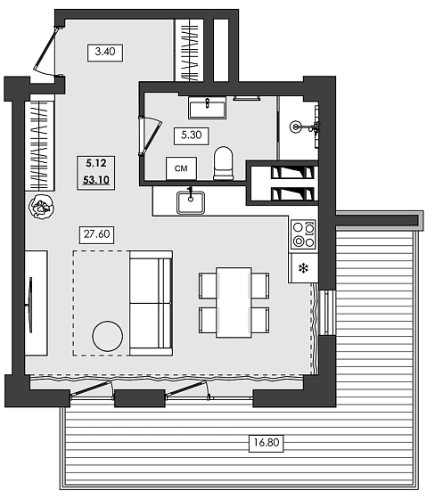 Апартаменты 1-комн. 53.1 кв. м
