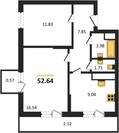 Квартира 2-комн. 52.54 кв. м