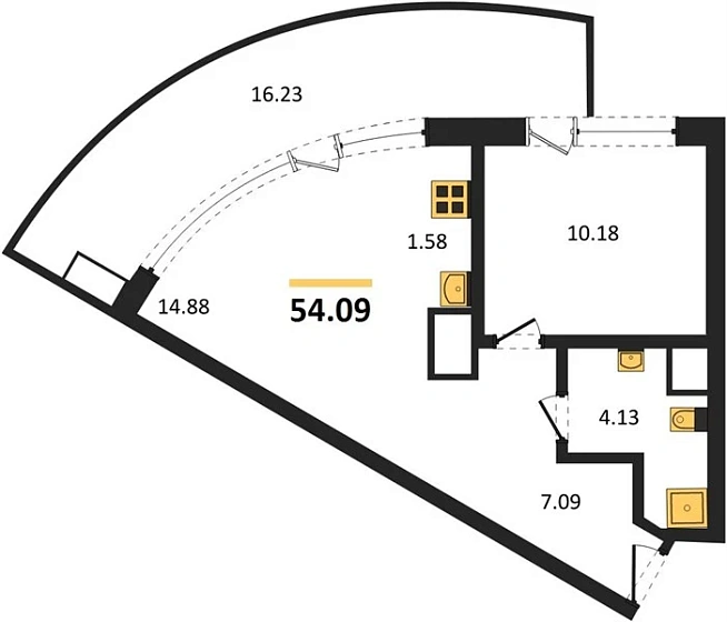 Апартаменты 1-комн. 54.09 кв. м