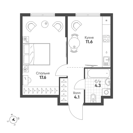 Квартира 1-комн. 37.6 кв. м