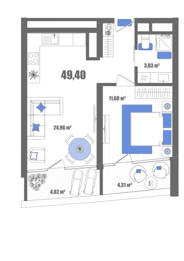 Апартаменты 1-комн. 49.4 кв. м