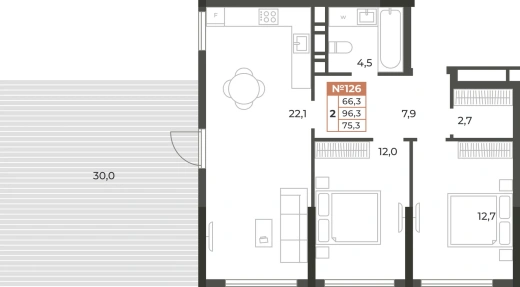 Квартира 2-комн. 75.3 кв.м