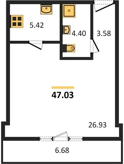 Апартаменты 1-комн. 47.03 кв. м