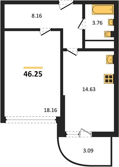 Квартира 1-комн. 46.25 кв. м