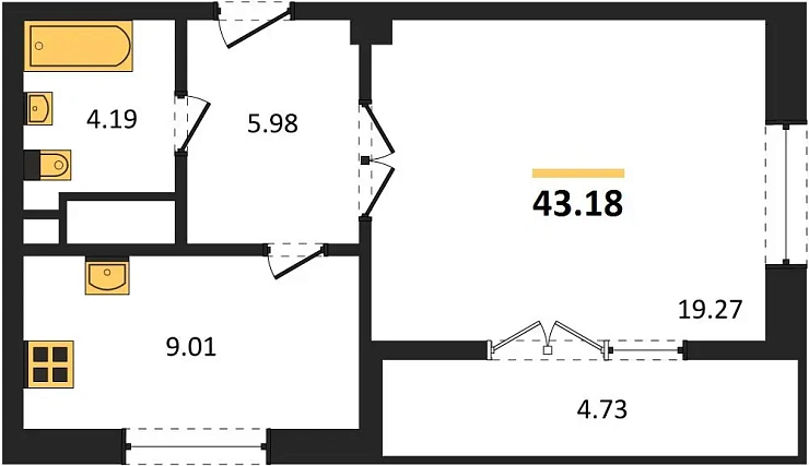 Квартира 1-комн. 43.18 кв. м