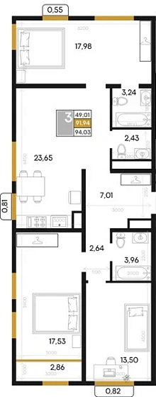 Квартира 3-комн. 94.03 кв. м