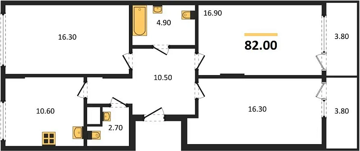 Квартира 3-комн. 82 кв. м