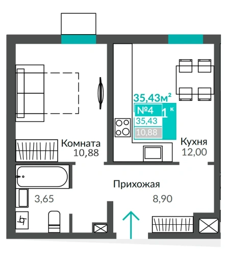 Квартира 1-комн. 35.43 кв.м