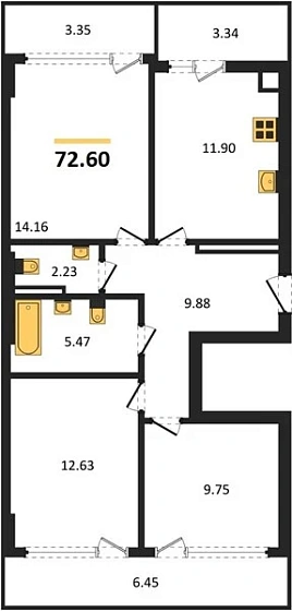Квартира 3-комн. 72.6 кв. м