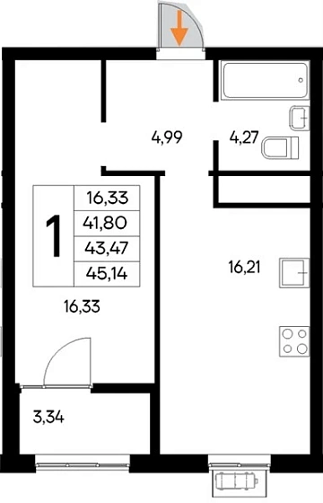 Квартира 1-комн. 45.14 кв. м