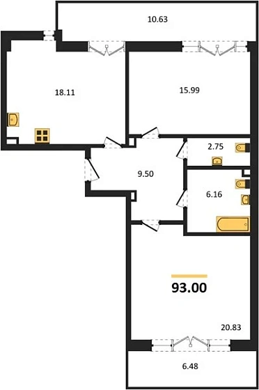 Квартира 2-комн. 93 кв. м