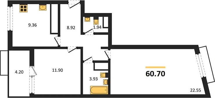 Квартира 2-комн. 60.7 кв. м