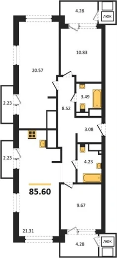 Квартира 3-комн. 85.6 кв. м