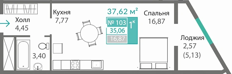 Квартира 1-комн. 35.06 кв.м
