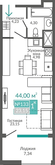 Апартаменты 1-комн. 44 кв.м
