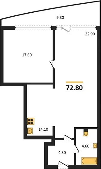 Квартира 1-комн. 72.8 кв. м