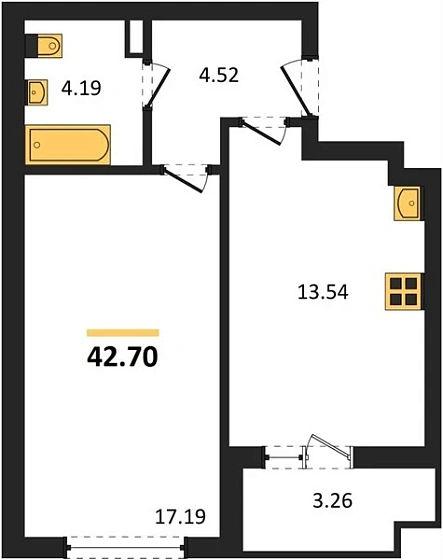 Квартира 1-комн. 42.7 кв. м