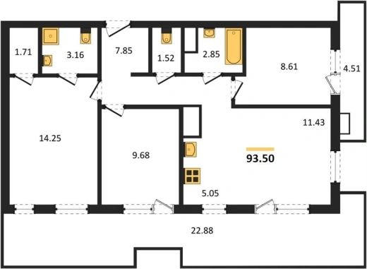 Апартаменты 3-комн. 93.5 кв. м