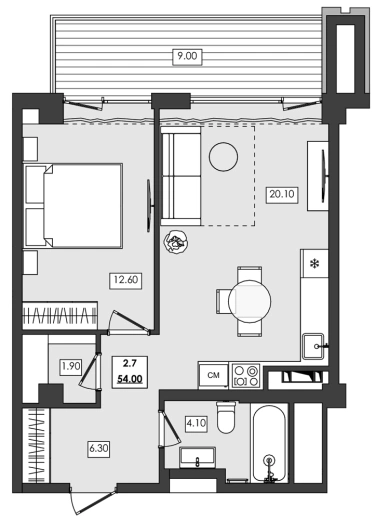 Апартаменты 2-комн. 54 кв. м