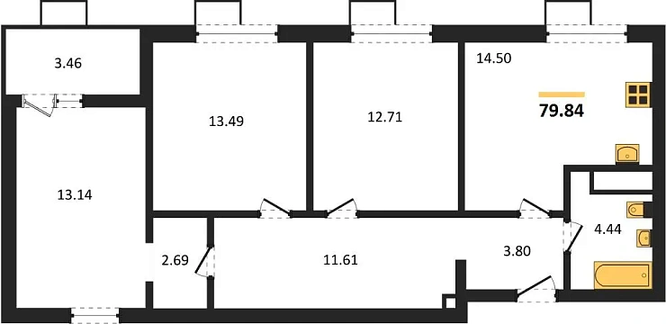 Квартира 3-комн. 79.84 кв. м