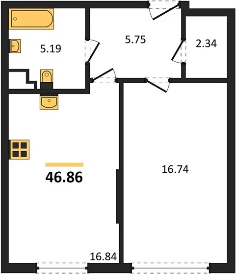 Квартира 1-комн. 46.86 кв. м