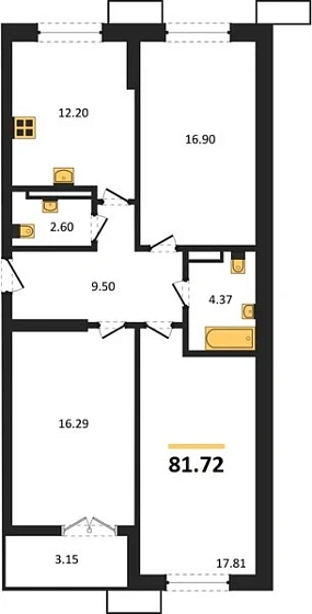Квартира 3-комн. 81.72 кв. м