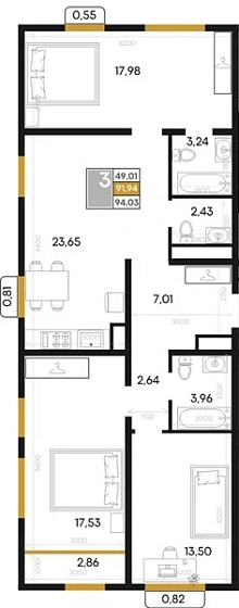 Квартира 3-комн. 94.03 кв. м