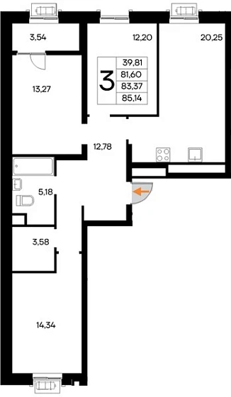Квартира 3-комн. 85.14 кв. м