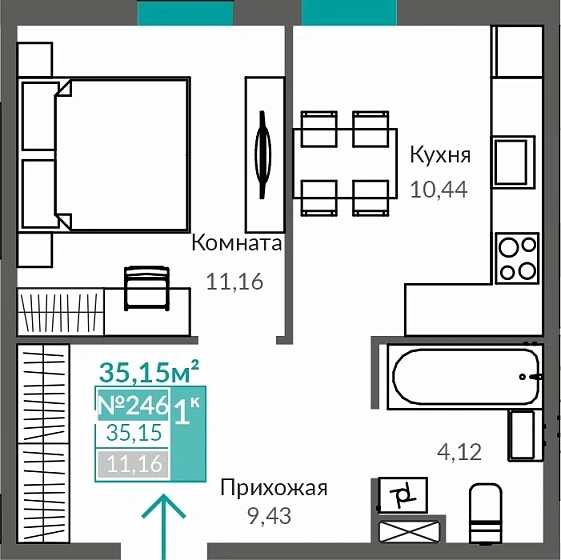 Квартира 1-комн. 35.15 кв.м