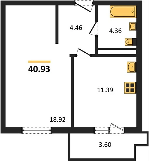 Квартира 1-комн. 40.93 кв. м