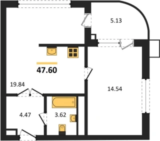 Апартаменты 1-комн. 47.6 кв. м